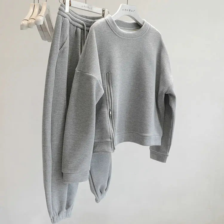 Riolio Korean Casual Sports Suit Large Size Plus Velvet Set Zipper Design Sports Sweatshirt Tying Trousers Casual Simple Two-piece Set