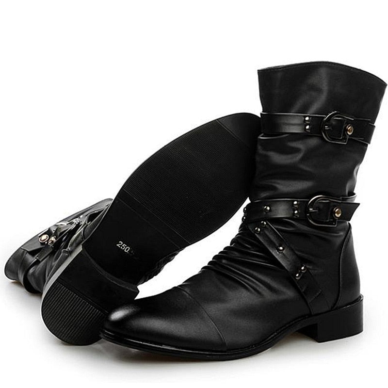 Riolio Men's Leather Boots High Quality Biker Boots Black Punk Rock Shoes Men's Women's Tall Boots Size 38--48