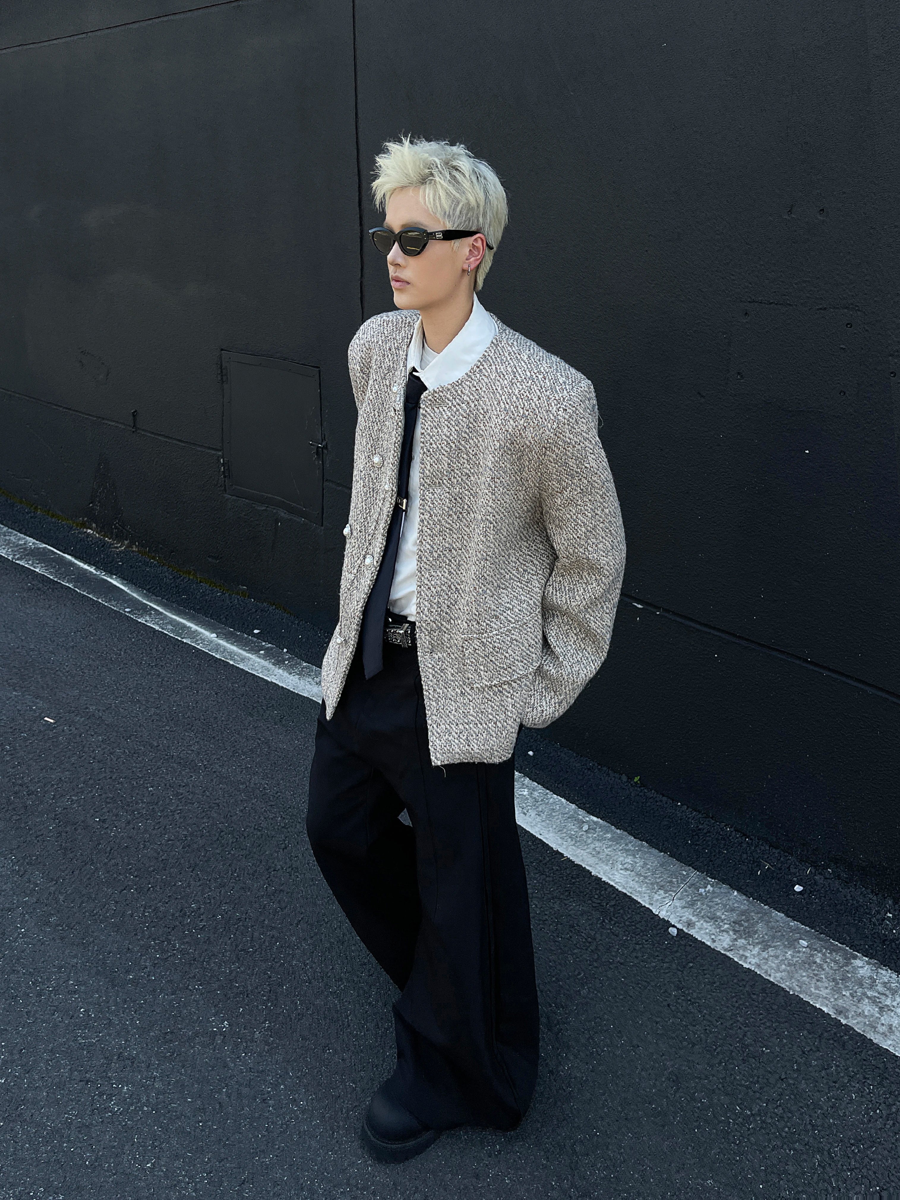 Riolio Male Elegant O-neck Blazer Coat High-end Shoulder Pad Collarless Jacket American Autumn Button Short Suit Jacket Handsome Top