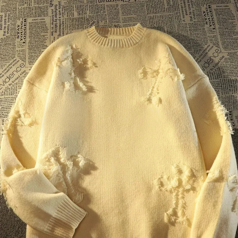 Riolio Y2k Streetwear Sweater Men New Retro Hole Fringed Sweater Loose Versatile Knitwear Pullovers Long Sleeve Jumpers Clothing