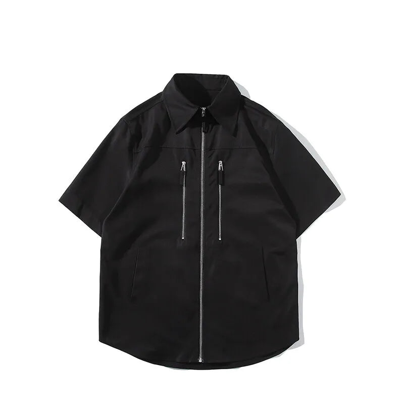 Riolio Summer Short Sleeved Shirt Men Blue Black Casual Shirt Man Streetwear Korean Loose Zipper Shirt Mens Fashion Shirts M-3XL