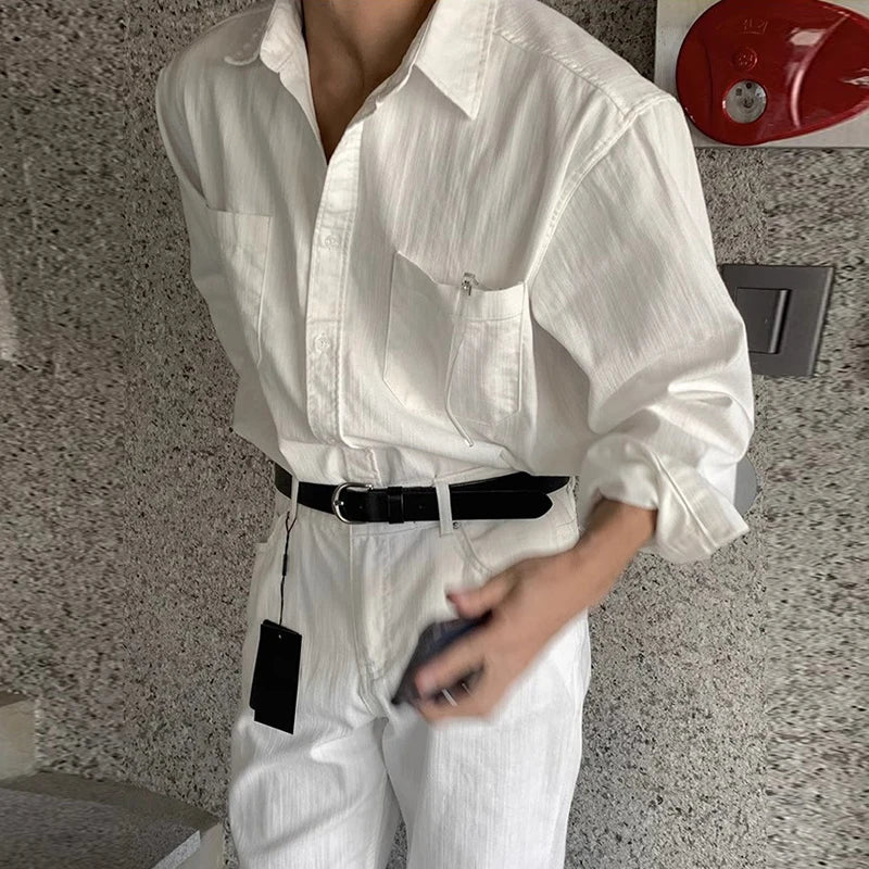 Riolio New Men Luxury Korean Style Shirts Casual Long Sleeve Drapped Solid Color Button-down Cardigan Fashion Business Leisure Blouse