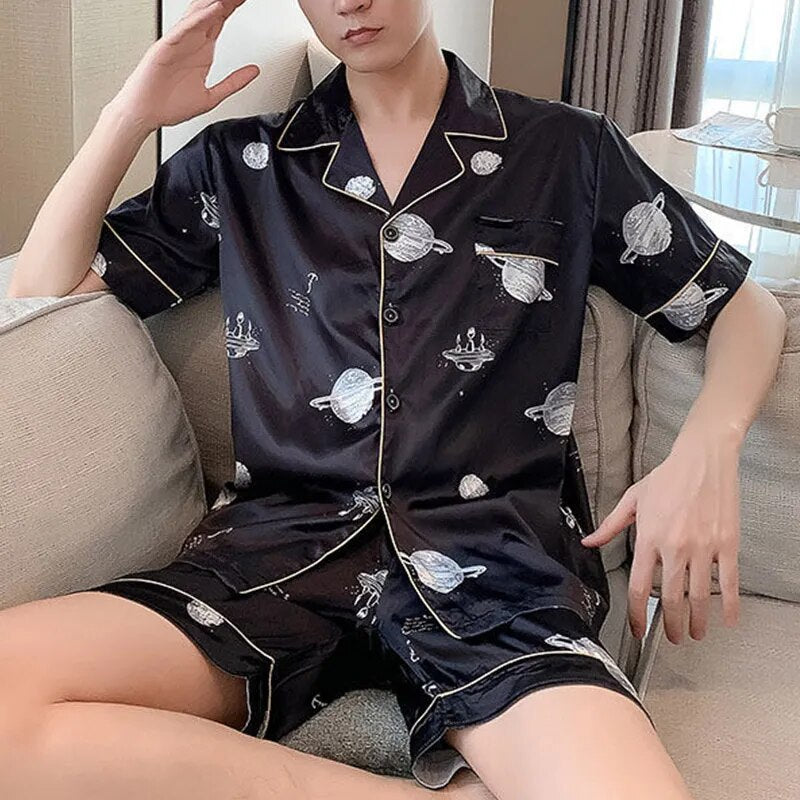 Riolio Men Pajama Sets Summer Sleepwear Ice Silk Satin Short Sleeve Pyjamas Suit Loose Loungewear Male Casual Homewear L-5XL