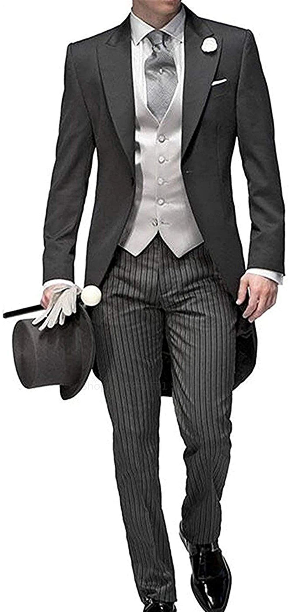 Riolio Men's 3 Piece Tailcoat Tuxedo Peaked Lapel One Button Formal Slim Fit Suit Dinner Jacket Swallow-Tailed Coat Wedding Prom Suit