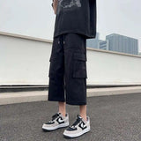 Riolio Summer Casual Pants Men Fashion Pocket Cargo Pants Men Japanese Streetwear Hip-hop Loose Wide Leg Pants Mens Cropped Pants