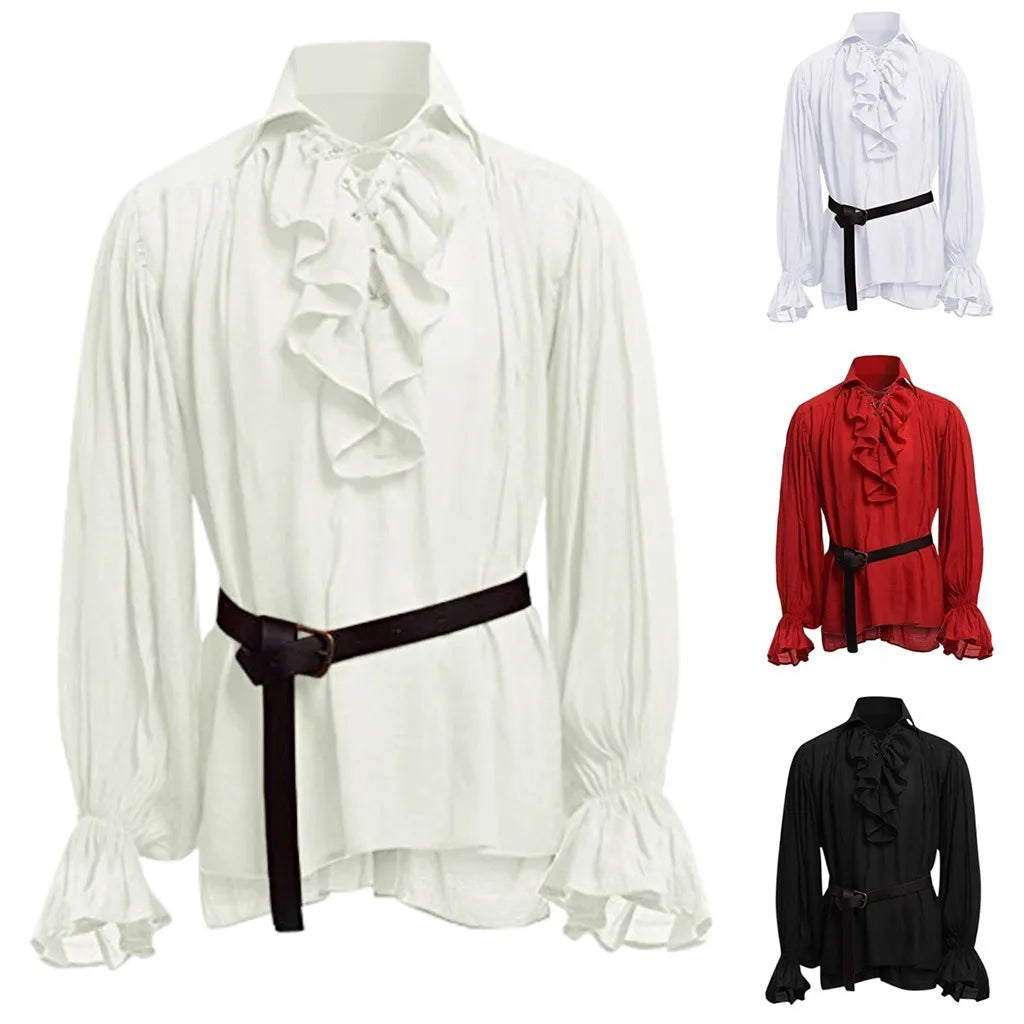 Riolio Medieval Viking Halloween Costumes Autumn Casual Shirts Steampunk Cosplay Bandage Long Sleeve Ruffled Shirt Gothic Blouse Tops
