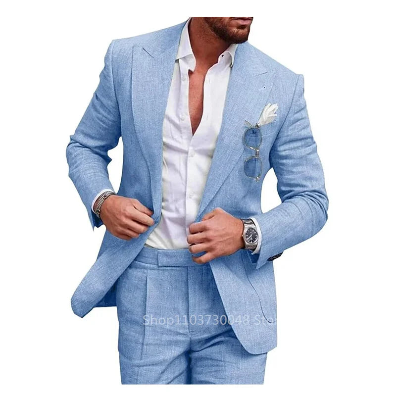 Riolio Light Blue/Beige Linen Wedding Men Suit Casual Single Breasted Slim Fit Blazer Pants High Quality Summer 2 Piece Costume Homme