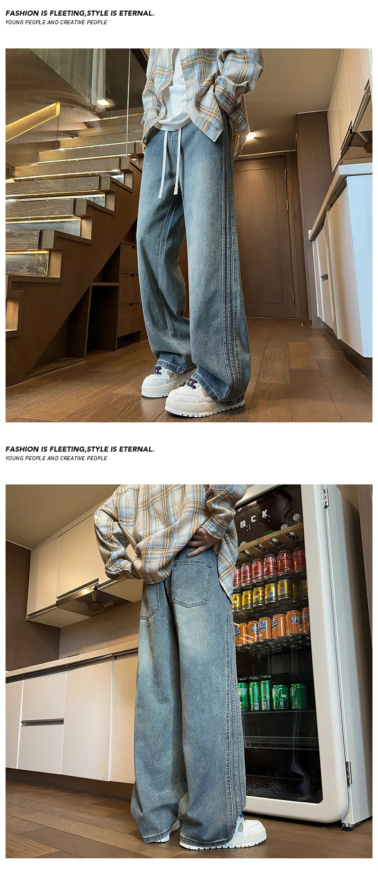 Riolio Jeans Men Denim Pants Elastic waist pull rope Straight Droop Vintage Loose Bottom Straight Wide Leg Casual Male Trouser