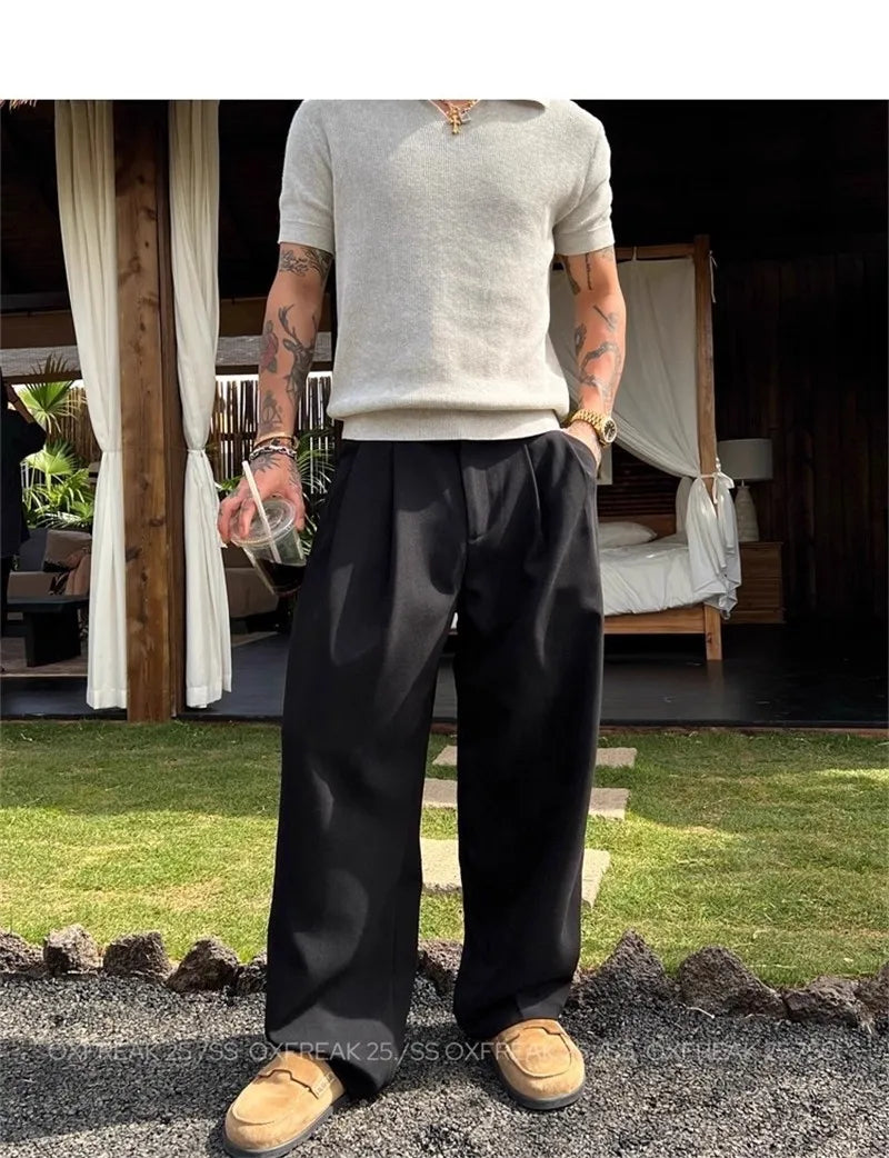 Riolio New Retro Fashion Men Suit Pants Light Luxury Draped Baggy Belt Button-down Solid Color Straight Trousers Elegant Dress Pants