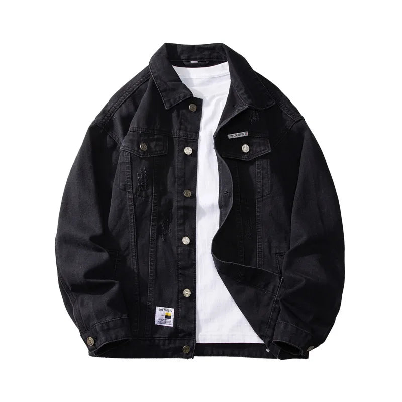Riolio Blue Black Denim Jacket Men Fashion Retro Pocket Denim Jacket Men Streetwear Hip-hop Loose Bomber Jacket Mens Vintage Jackets