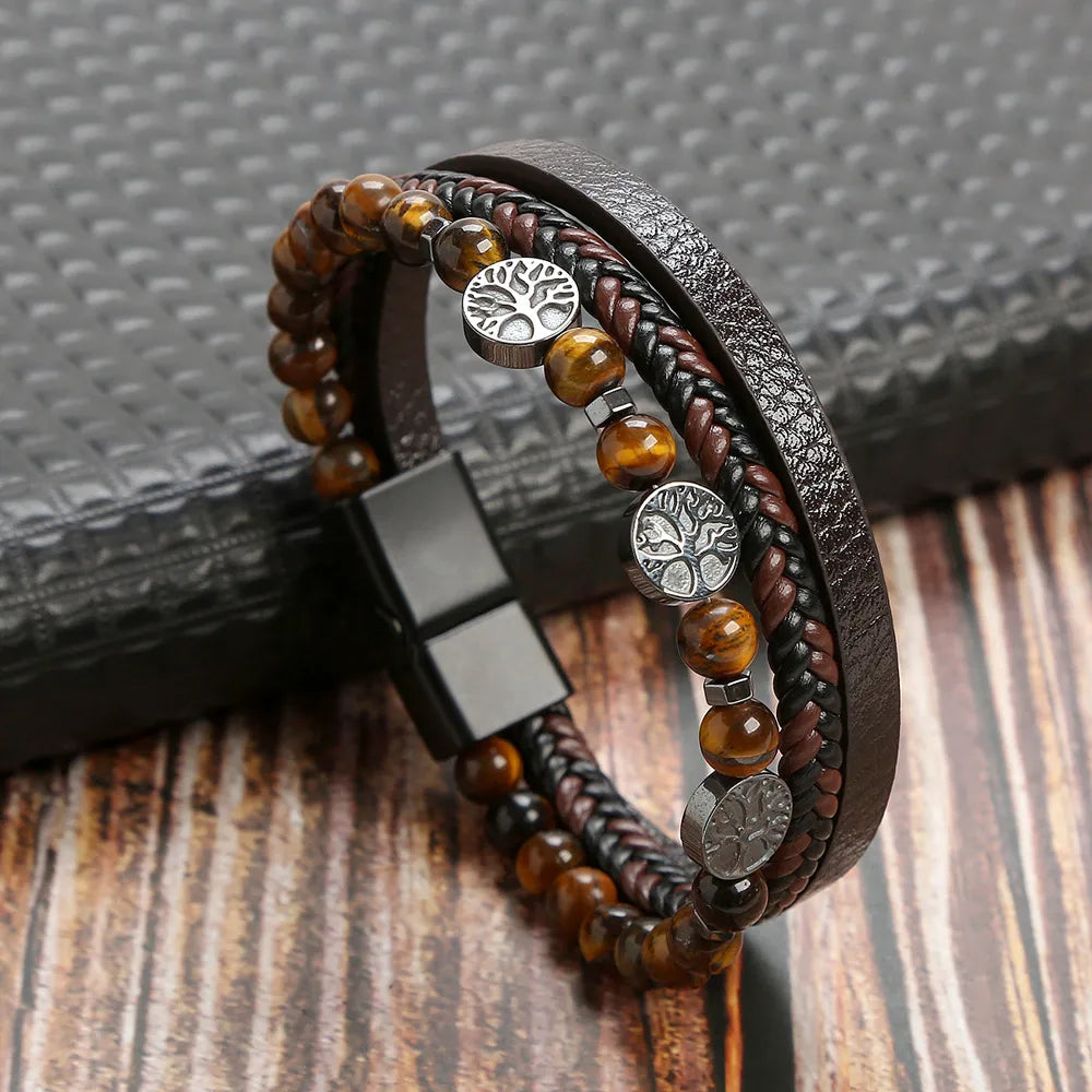 Riolio Hot Fashion Beads Leather Bracelet Men Classic Tiger Eye Beaded Multi Layer Leather Bracelet For Men Jewelry Gift