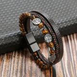 Riolio Hot Fashion Beads Leather Bracelet Men Classic Tiger Eye Beaded Multi Layer Leather Bracelet For Men Jewelry Gift