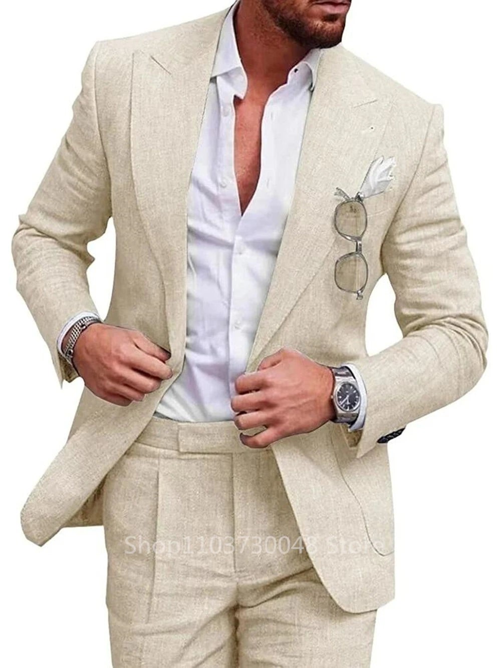 Riolio Light Blue/Beige Linen Wedding Men Suit Casual Single Breasted Slim Fit Blazer Pants High Quality Summer 2 Piece Costume Homme