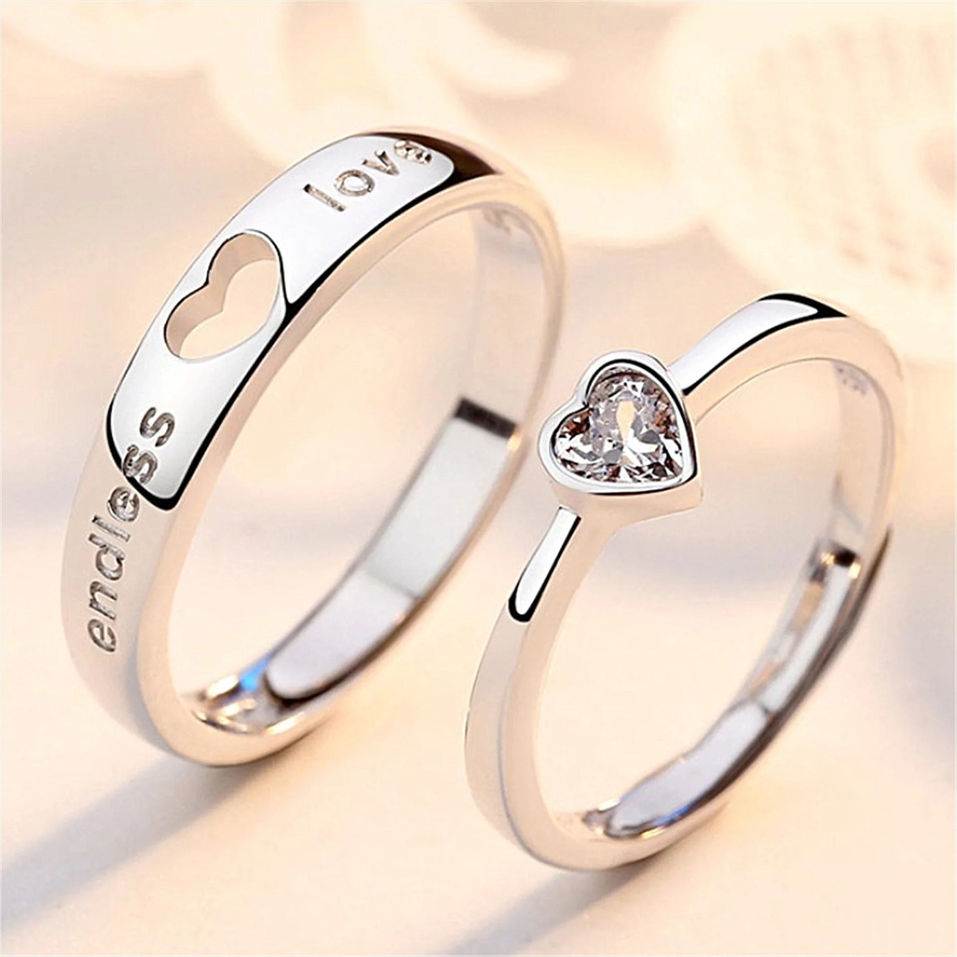 Riolio Valentines Day 2Pcs/sets Zircon Heart Matching Couple Rings Set Forever Endless Love Wedding Ring for Women Men Charm Jewelry
