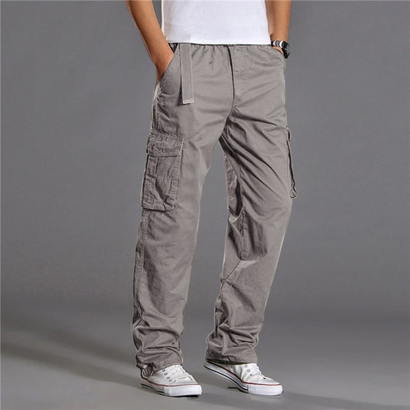 Riolio Men's Casual Cargo Cotton Pants Men Pocket Loose Straight Pants Elastic Work Trousers Brand Fit Joggers Male Large Size