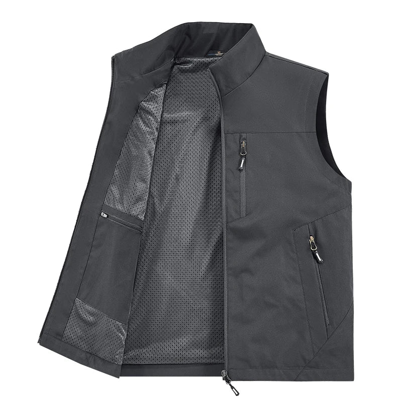 Riolio Summer Vest Jacket Waistcoats Male Breathable Men's Multi-pocket Fishing Photography New Vest Men's Thin Stand-up Collar Vest
