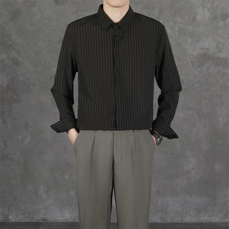 Riolio  New Naples Business Men Shirts Light Luxury Textured Lapel Striped Long Sleeve Cardigan Leisure Premium Commuter Blouse S-4XL