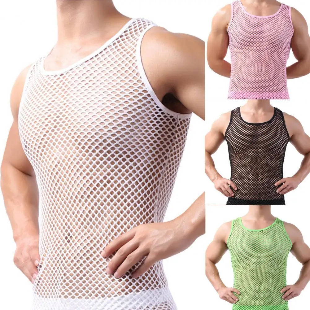 Riolio Men Sexy Mesh Tank Tops Transparent Sleep Tops Male Underwear Pure Color Vest Sleeveless Tops Underwear Male Undershirt