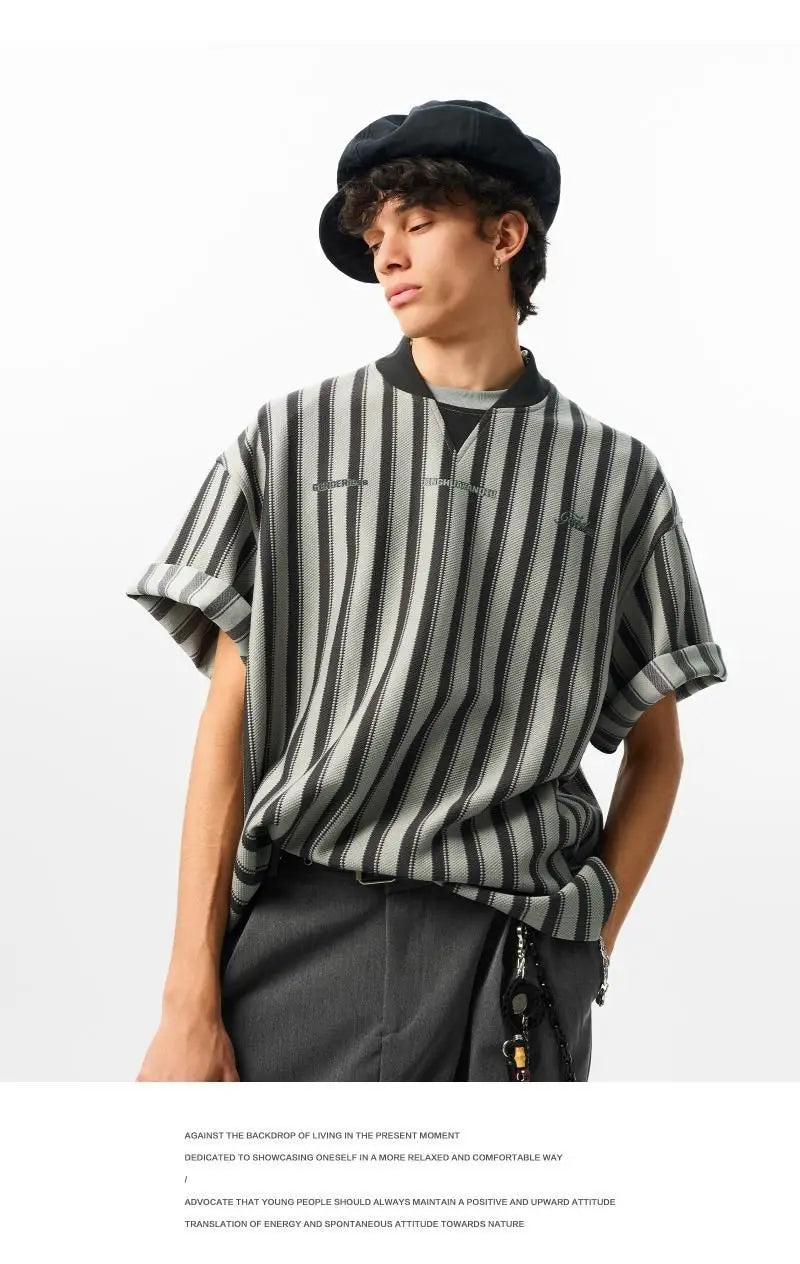 Riolio Preppy Retro Shirt Double-paired V-neck Striped Short-sleeved T-shirt Loose Casual Embroidered Letter Printed Shirt