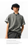 Riolio Preppy Retro Shirt Double-paired V-neck Striped Short-sleeved T-shirt Loose Casual Embroidered Letter Printed Shirt