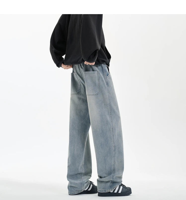 Riolio New Men's Jeans Washed Jeans Pants Unisex Drawstring Denim Pants Male Streetwear Korean Straight cylinder loose Cowboy Trousers