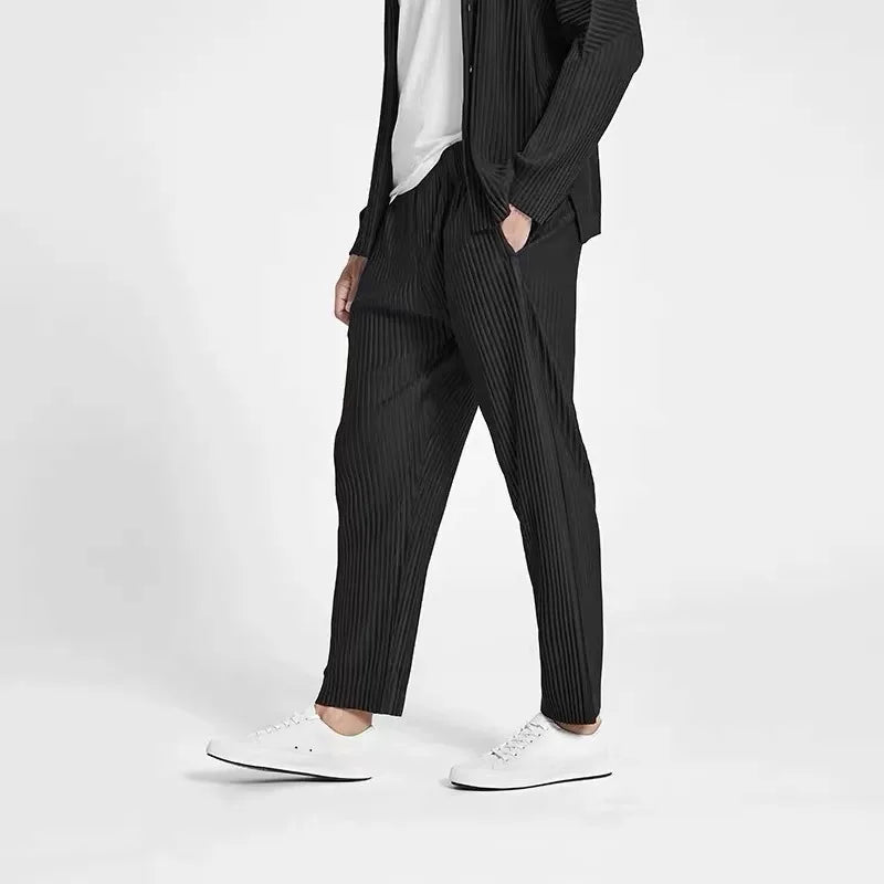 Riolio Summer Casual Pants Men Fashion Gray Black Straight Pants Men Japanese Streetwear Loose Pleated Pants Mens Ice Silk Trousers