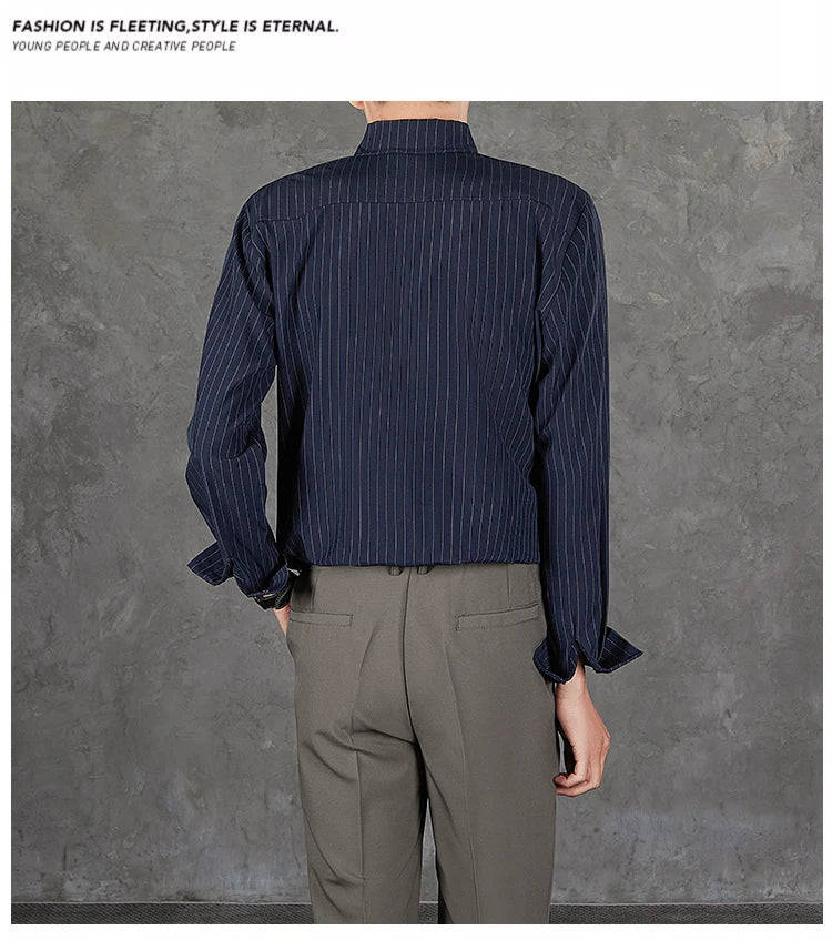 Riolio  New Naples Business Men Shirts Light Luxury Textured Lapel Striped Long Sleeve Cardigan Leisure Premium Commuter Blouse S-4XL