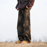 Riolio Leopard Print Jeans Men Fashion Retro Wide Leg Jeans Men Streetwear Hip-hop Loose Straight Jeans Mens Vintage Denim Trousers