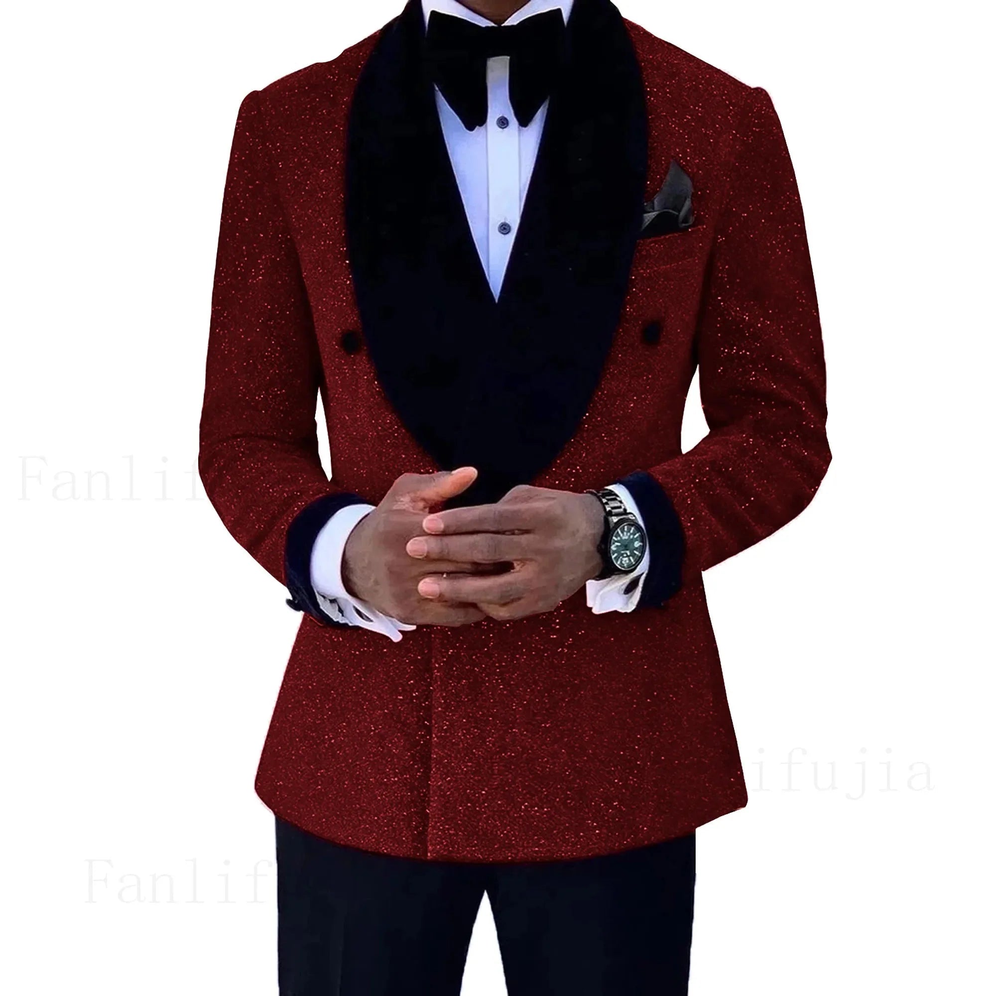 Riolio Luxury Red Glitter Suits Men Groom Wedding Tuxedo Double Breasted Blazer Formal Evening Party Prom Dress 2 Pieces Set