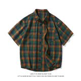 Riolio Summer Short Sleeved Shirt Men Retro Plaid Shirt Men Japanese Streetwear Loose Casual Shirt Mens Vintage Shirts Plus Size 5XL