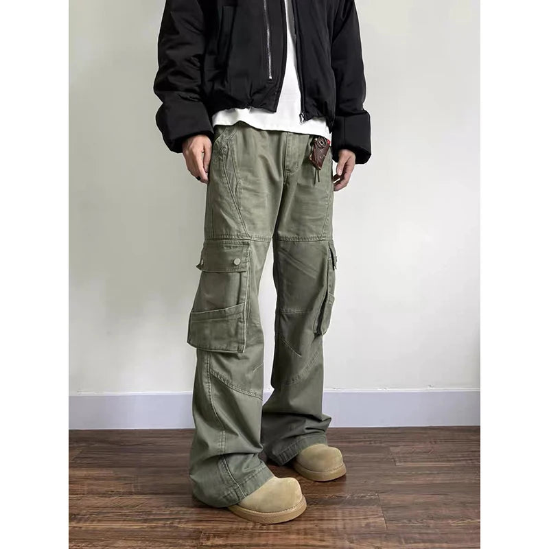 Riolio Men's Green Cargo Pants Baggy Harajuku Streetwear Straight Pants Y2k 2000s Parachute Pants Vintage Trousers Clothes Fashion