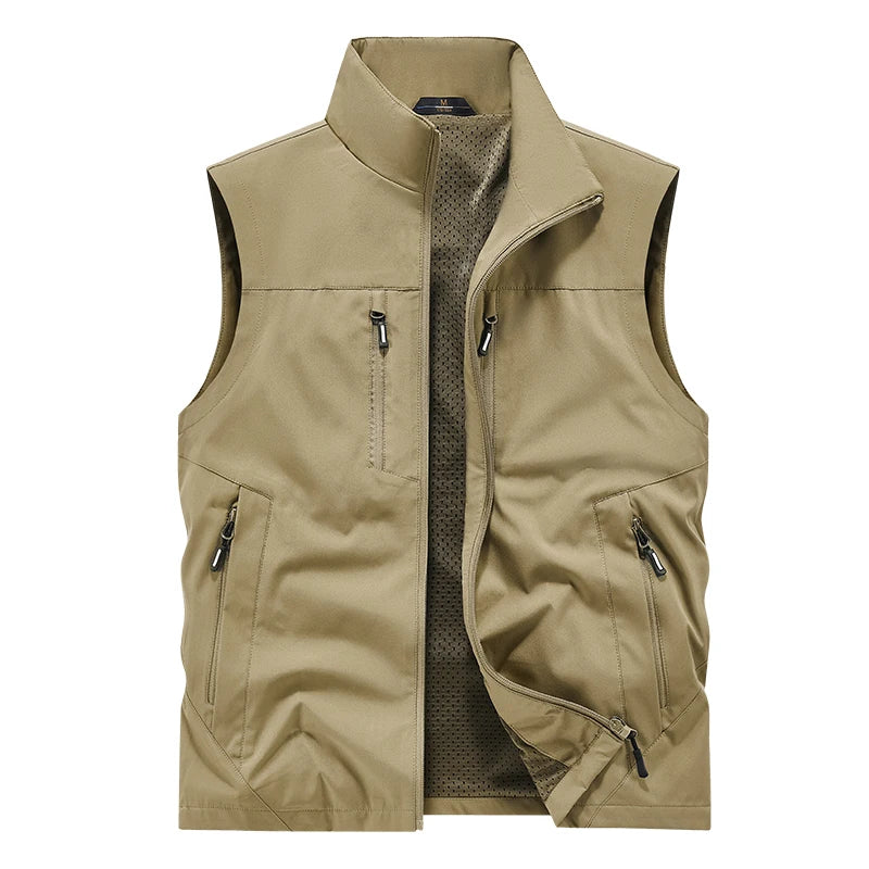Riolio Summer Vest Jacket Waistcoats Male Breathable Men's Multi-pocket Fishing Photography New Vest Men's Thin Stand-up Collar Vest