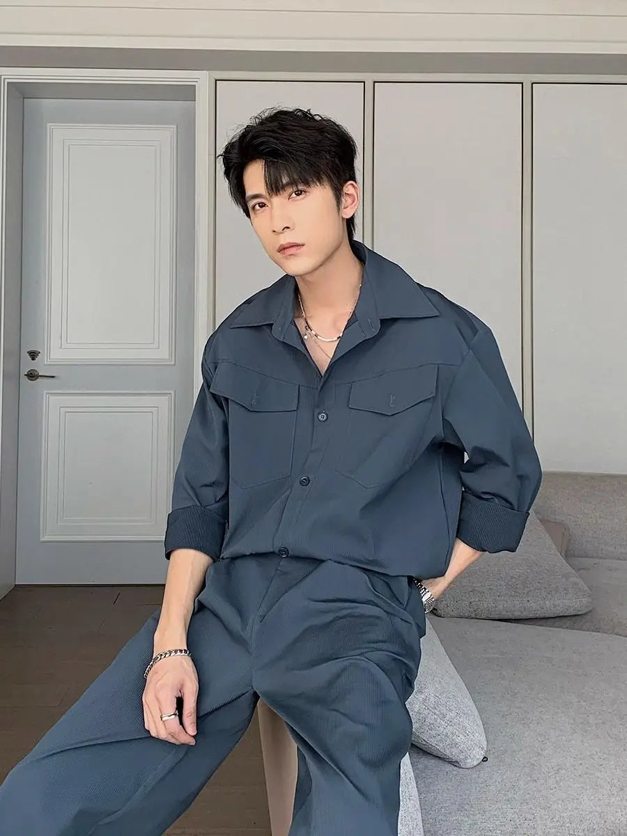 Riolio Men's Shirt Pants Set High-end Shirt Suit Trendy Spring Handsome Long-sleeved Top Loose Straight Trousers Two-piece Set