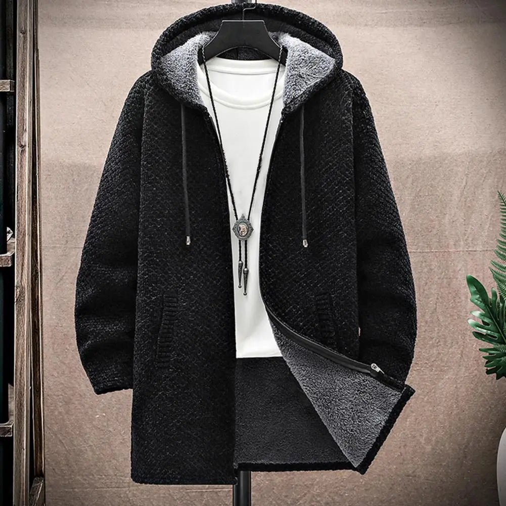 Riolio Autumn Winter Men Hooded Sweater Thicken Long Sleeve Drawstring Plush Lining Mid-Length Knitting Jacket Male Coat Streetwear