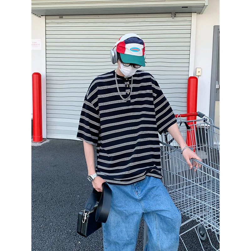 Riolio Men Cotton T Shirt Breathable Comfort Round Neck Button Striped Summer Casual Soft Lightweight Streetwear Fashion Cotton Tee Top