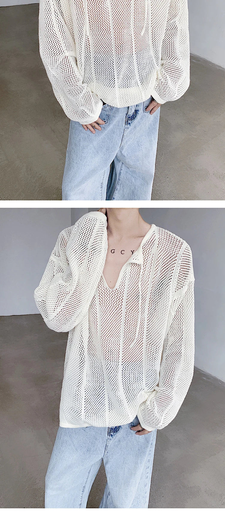 Riolio Rice White Shirts for Men Hollow Out Blouse Men Handsome Fashion Men Clothing Vacation Sexy Mesh Long-sleeved Shirts