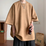 Riolio Summer Casual Short Sleeve T-Shirts Men Suede Loose Solid Round Neck T Shirts Man