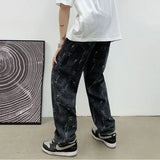 Riolio Jeans Men Design Print Mid Waist Oversize Baggy Jean Streetwear Zipper Fly Straight Denim Trousers Hip Hop Retro Teens Men