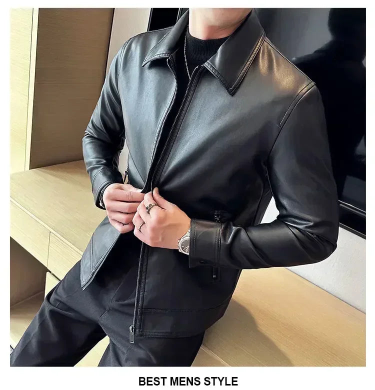 Riolio Windproof Stand Collar Zipper Cardigan Leather Jacket Motorcycle Leather Coat PU Leather Business Leather Jackets Men's Fashion