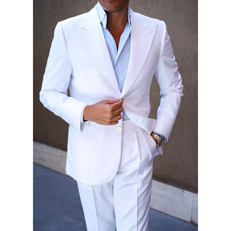 Riolio New Design Business 2 Piece Men Suits Slim Fit Peak Lapel Groomsmen Tuxedo White Formal Wedding Male Suit (Blazer+Pants)