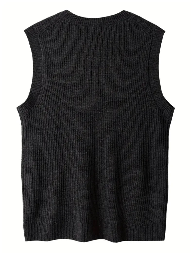 Riolio New Popular Preppy Style Men Sweater Vest Casual Knitted Streetwear Solid Color V Neck Waistcoat Leisure High Quality Knitwear