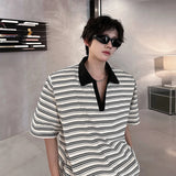 Riolio Men Loose Fit Striped Polo Shirt Casual Fashion Collar T-Shirt man Breathable Streetwear Summer Top Tee Trendy Mens Clothing