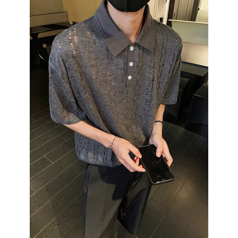 Riolio Mens Summer Short Sleeve Loose Fit Casual polo men Trendy Hollow Out Design Streetwear Fashion Top New Stylish Mesh Tee POLO