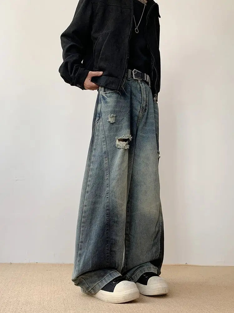 Riolio Hip hop American style men and women trendy personalized patchwork washed wide leg jeans for couples loose and lazy casual pants