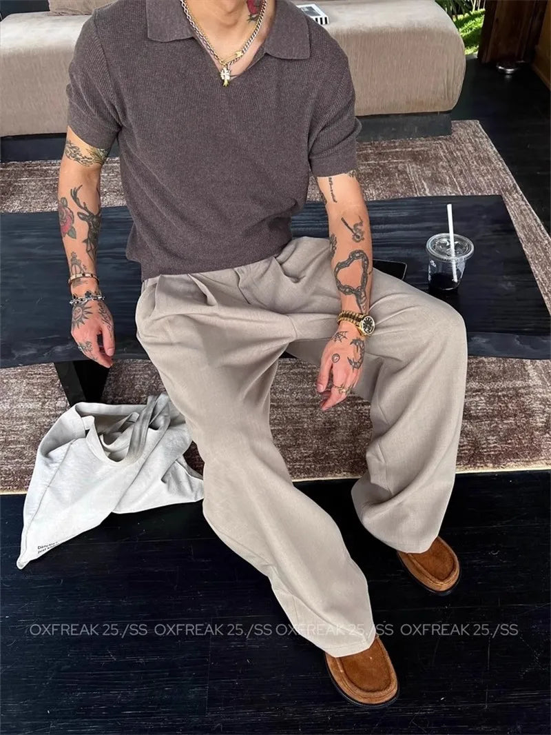 Riolio New Retro Fashion Men Suit Pants Light Luxury Draped Baggy Belt Button-down Solid Color Straight Trousers Elegant Dress Pants