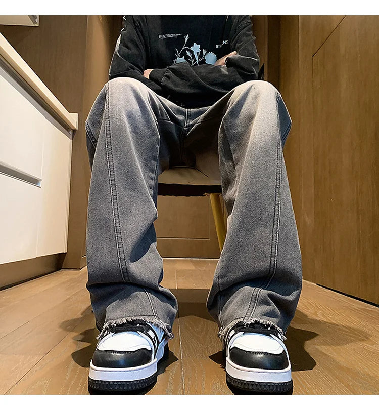 Riolio Men's jeans fashion Side Zipper Pants New Fashion men streetwear Jeans Loose Straight Denim Pant Mens  jeans homme hip hop