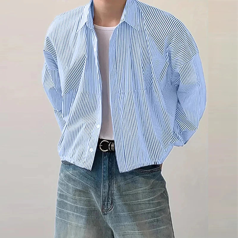 Riolio  New Japanese Trendy Men Shirts Light Luxury Textured Lapel Striped Long Sleeve Cardigan Tops Leisure Premium Loose Blouse M-2XL