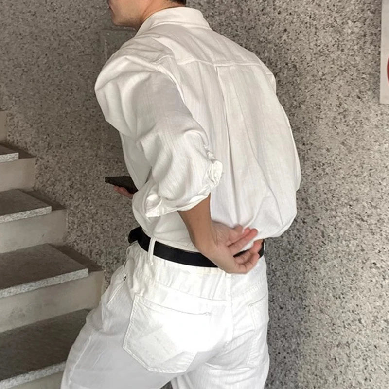 Riolio New Men Luxury Korean Style Shirts Casual Long Sleeve Drapped Solid Color Button-down Cardigan Fashion Business Leisure Blouse