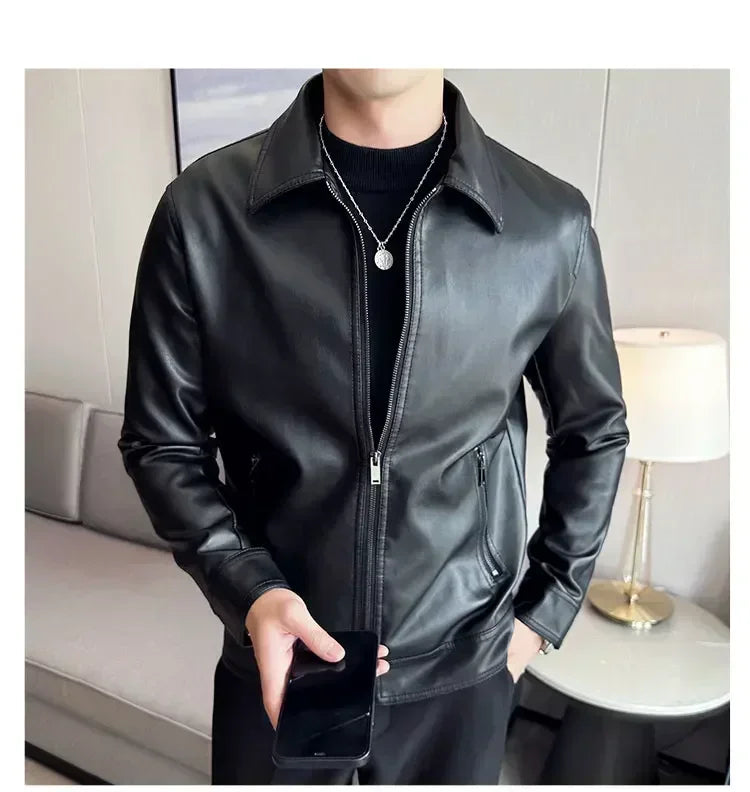 Riolio Windproof Stand Collar Zipper Cardigan Leather Jacket Motorcycle Leather Coat PU Leather Business Leather Jackets Men's Fashion