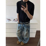Riolio Blue Men's Jeans High Waist Vintage 90s Straight Y2K Summer Denim Pants Ripped Streetwear American Wide Leg Baggy Denim Trouser